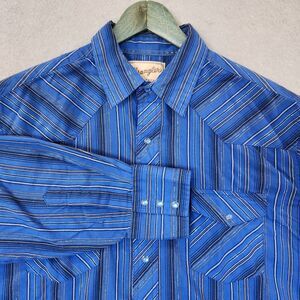 Wrangler Shirt Mens Western Blue Silver Thread Pearl Snap Shirt XL‎ Long Sleeve